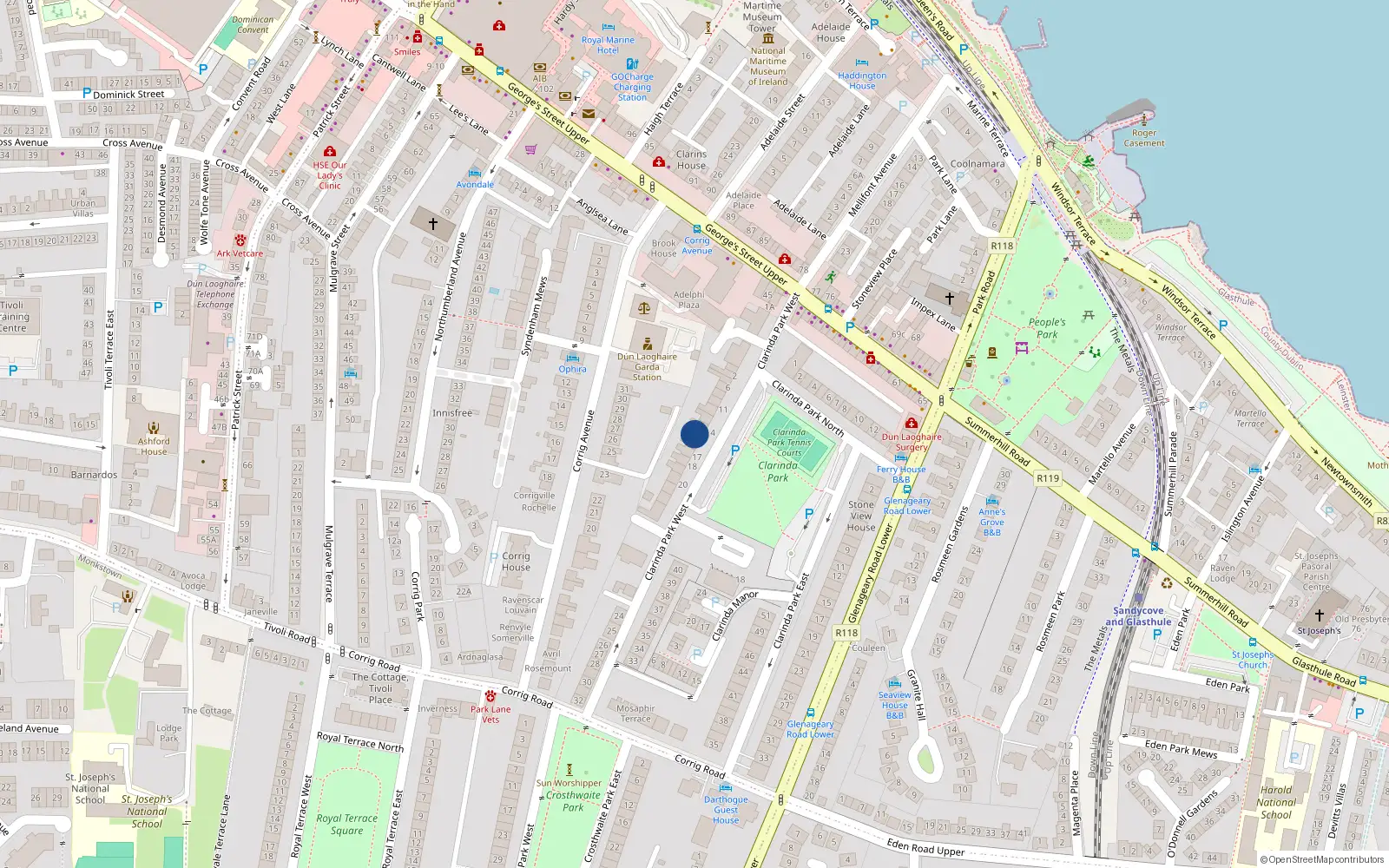 Overhead map showing the location of 15 Clarinda Park West, Dublin