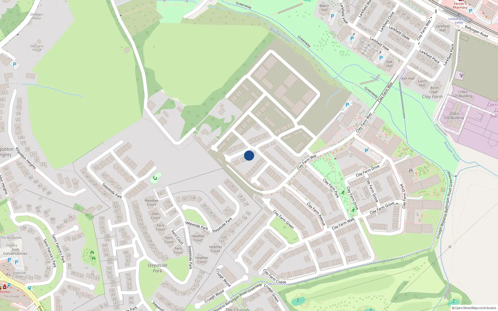 Overhead map showing the location of 15 Clay Farm Glade, Dublin 18