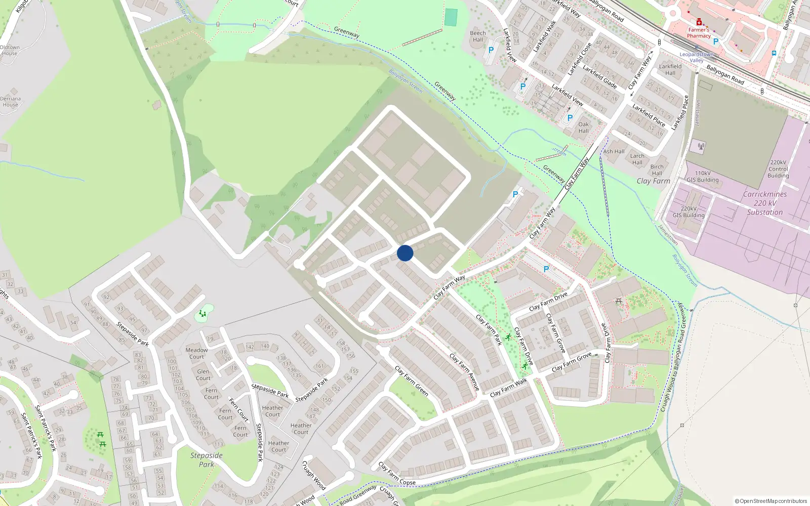 Overhead map showing the location of 15 Clay Farm Drive, Dublin 18