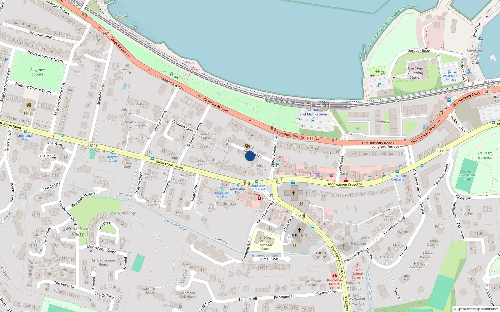 Overhead map showing the location of 15 Clifton Lane, Monkstown, Blackrock
