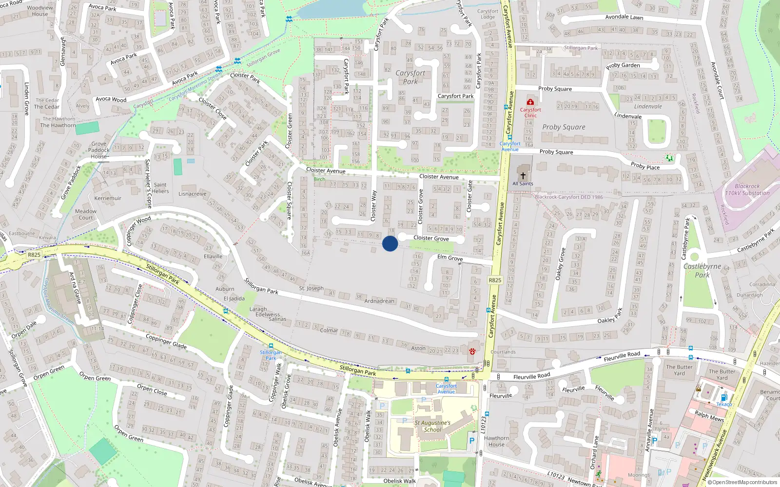Overhead map showing the location of 15 Cloister Grove, Blackrock