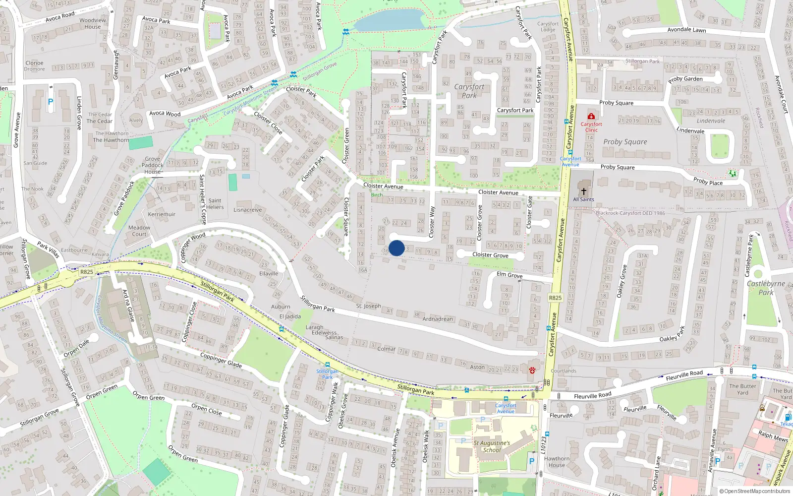 Overhead map showing the location of 15 Cloister Way, Blackrock