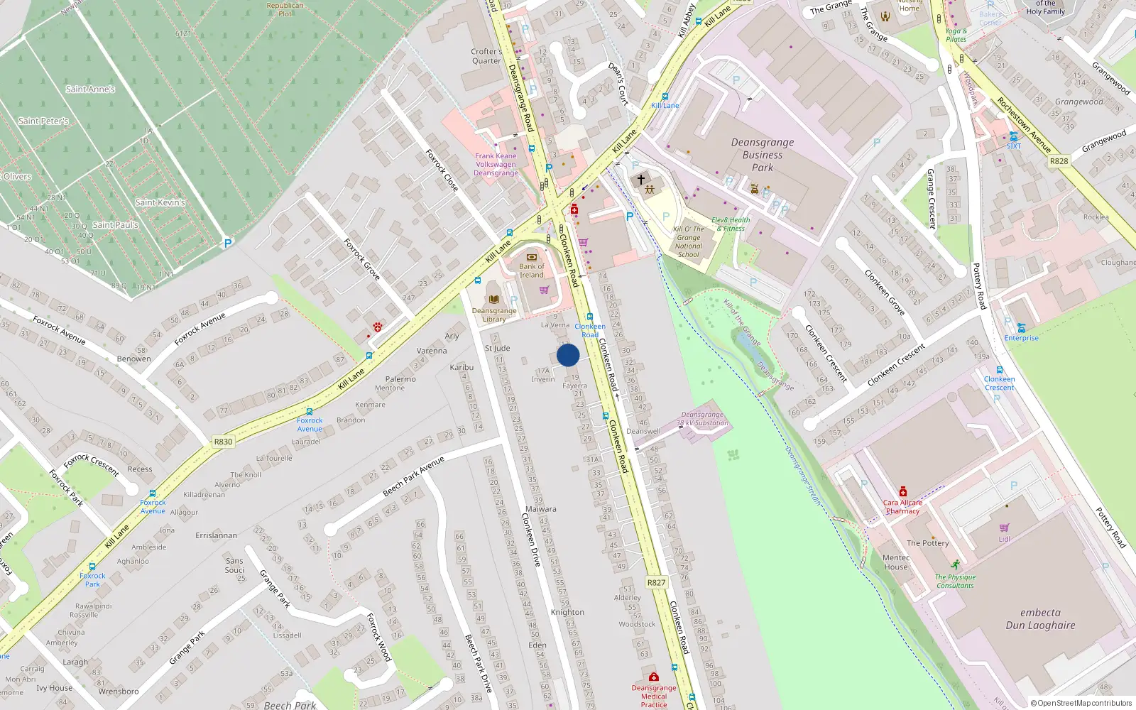 Overhead map showing the location of 15 Clonkeen Road, Blackrock