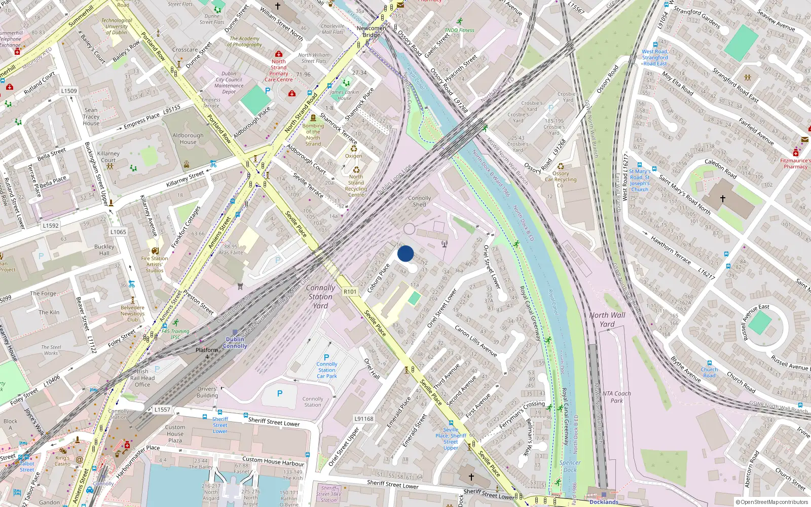 Overhead map showing the location of 15 Coburg Place, Off Seville Place, Dublin