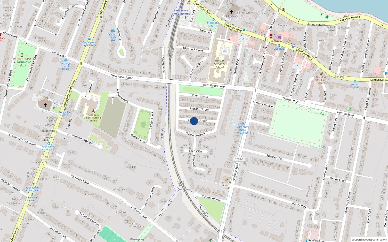 Overhead map showing the location of 15 Coldwell St, Glasthule, Dublin