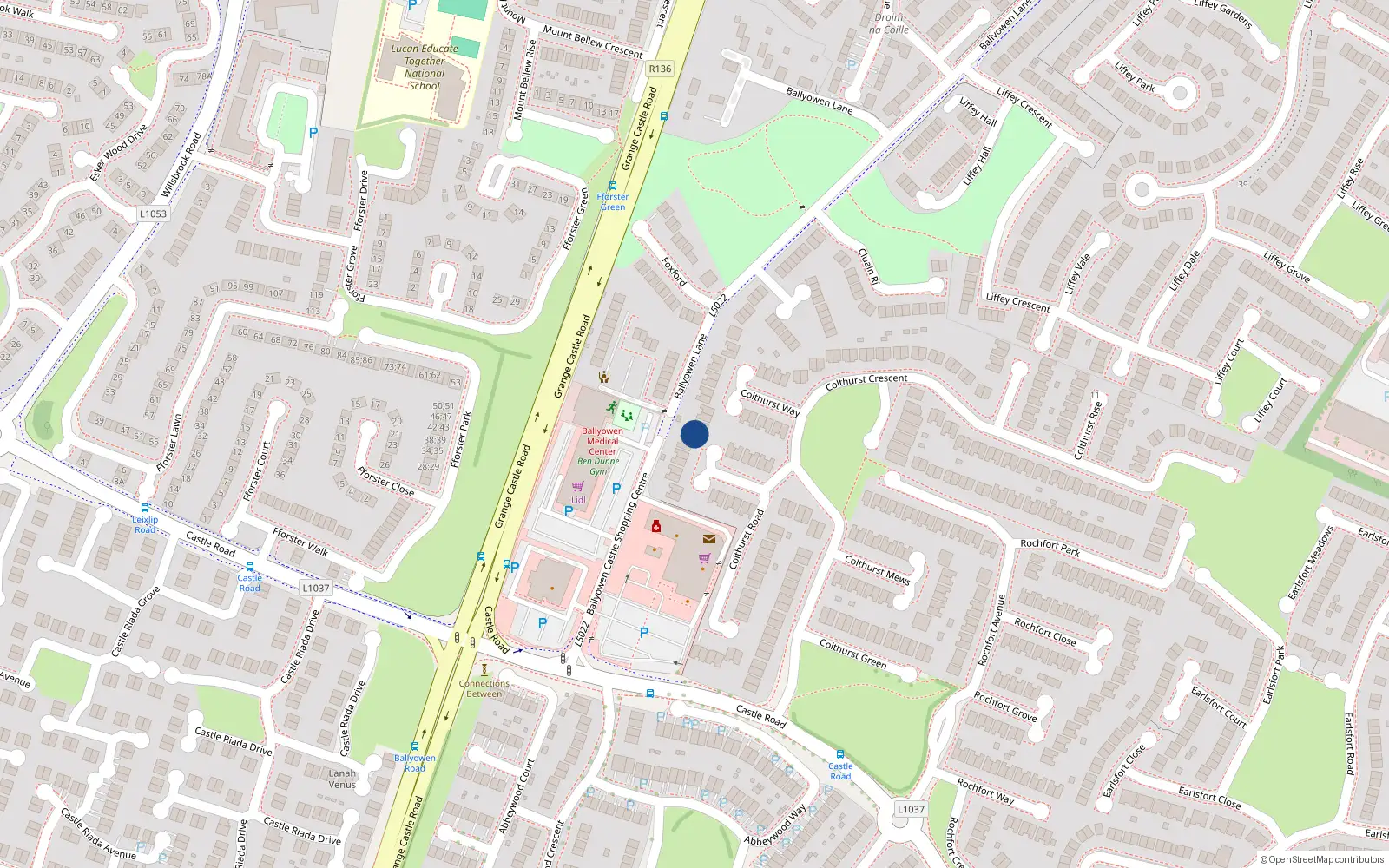 Overhead map showing the location of 15 Colthurst Close, Lucan