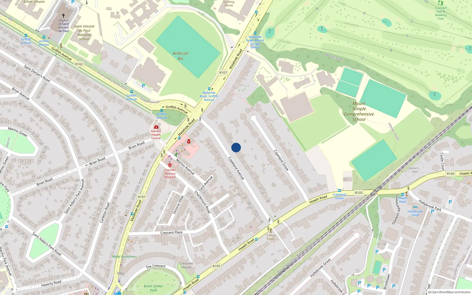 Overhead map showing the location of 15 Copeland Avenue, Dublin 3