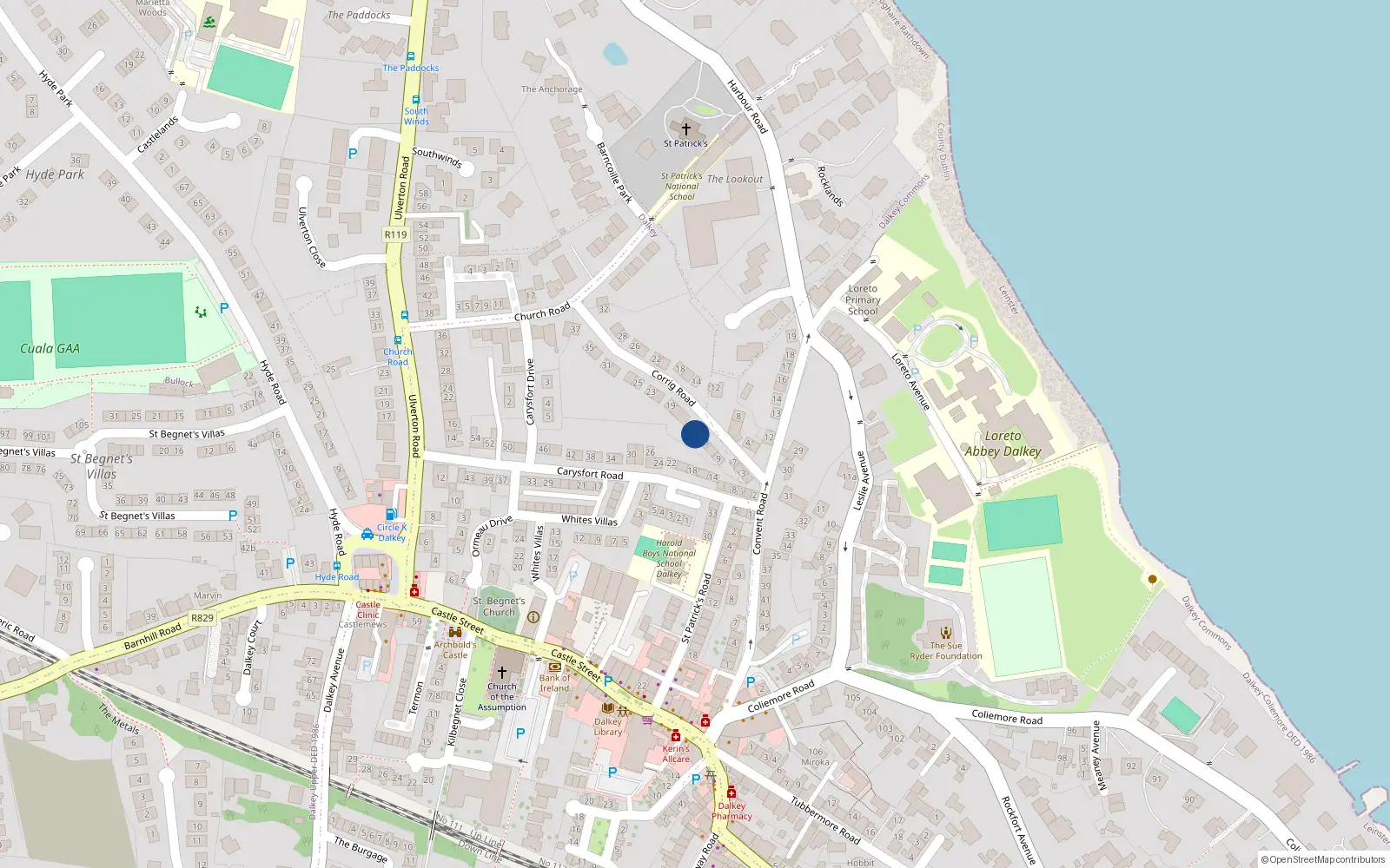 Overhead map showing the location of 15 Corrig Road, Dalkey