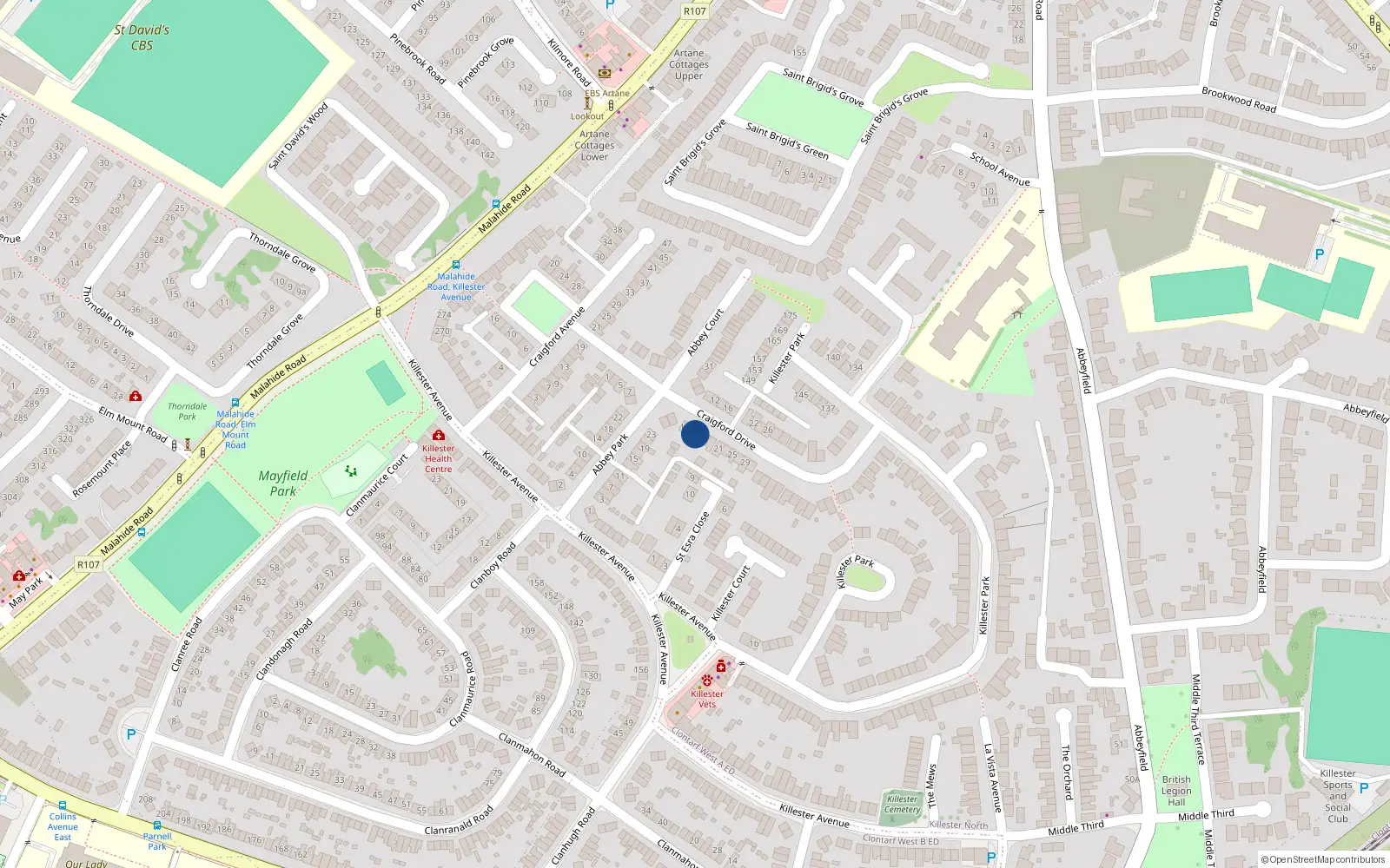 Overhead map showing the location of 15 Craigford Drive, Killester, Dublin 5