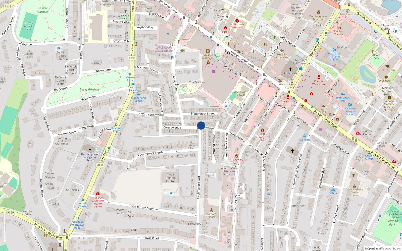 Overhead map showing the location of 15 Cross Avenue, Dun Laoghaire, County Dublin