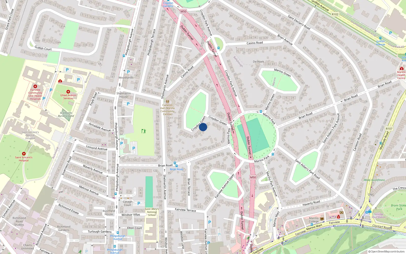 Overhead map showing the location of 15 Croydon Green, Marino, Dublin 3