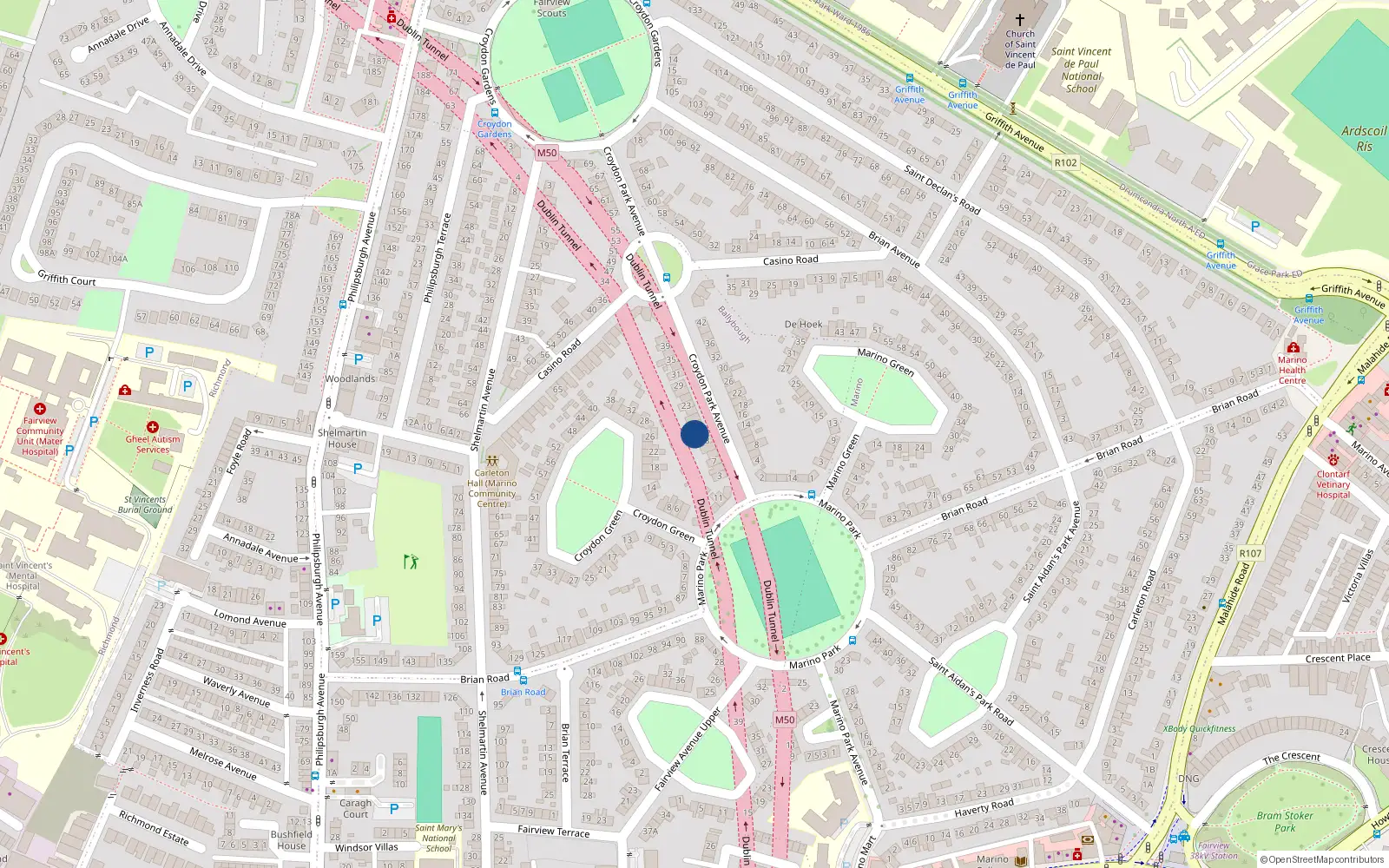 Overhead map showing the location of 15 Croydon Park Avenue, Dublin 3