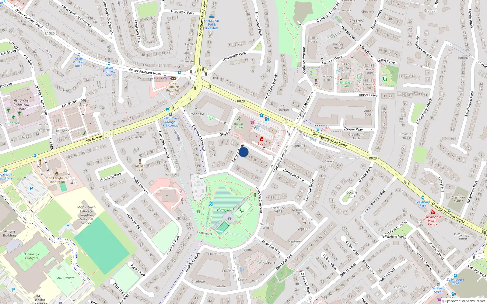 Overhead map showing the location of 15 Dargan Drive, Dun Laoghaire