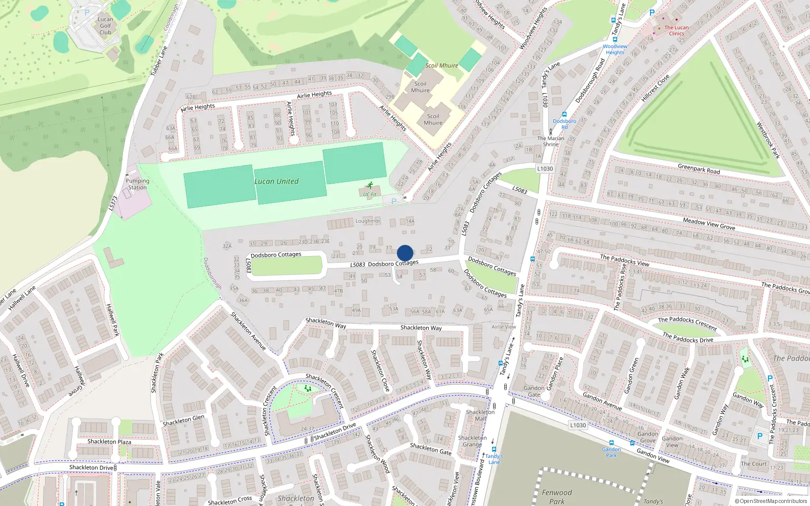Overhead map showing the location of 15 Dodsboro Cottages, Lucan, Dublin