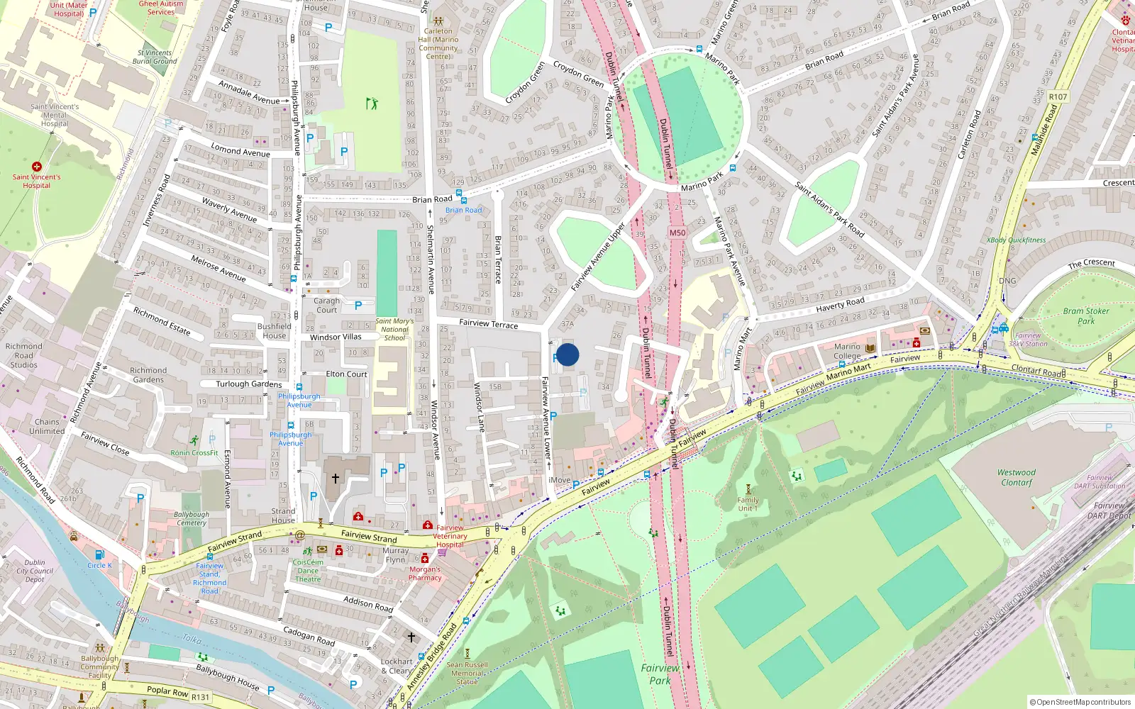 Overhead map showing the location of 15 Drumderg Court, Fairview Avenue Upper, Dublin 3