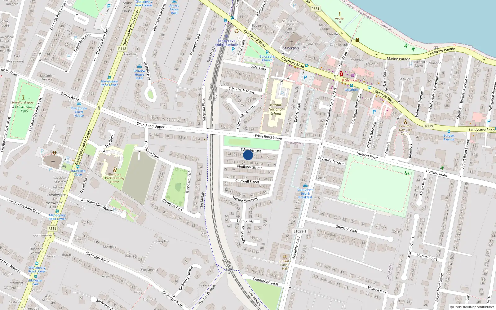 Overhead map showing the location of 15 Eden Terrace, Glasthule, Dublin