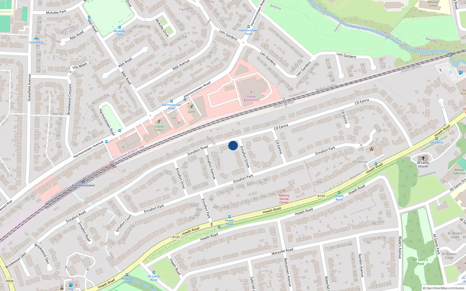 Overhead map showing the location of 15 Ennafort Road, Raheny, Dublin 5