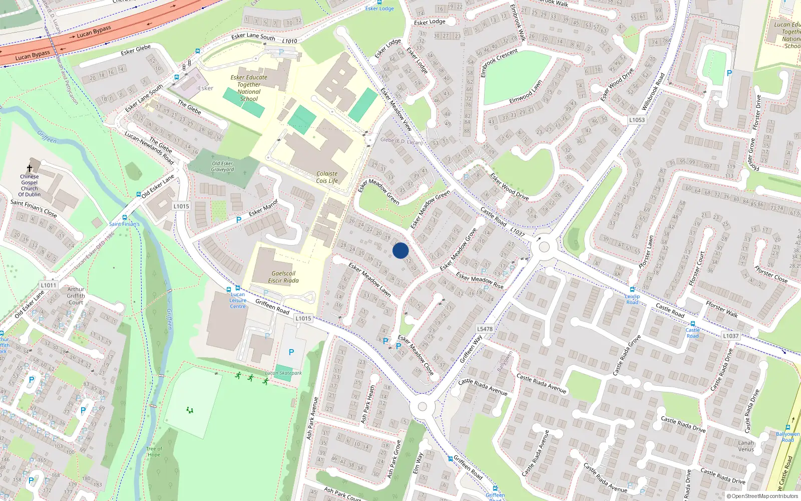 Overhead map showing the location of 15 Esker Meadow Green, Lucan, Co Dublin