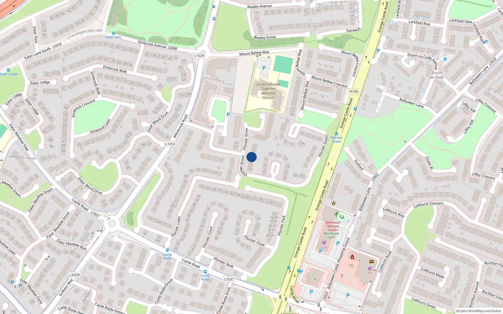Overhead map showing the location of 15 Fforster Drive, Lucan