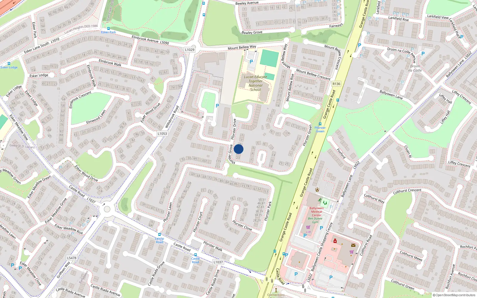 Overhead map showing the location of 15 Fforster Drive, Lucan, Dublin
