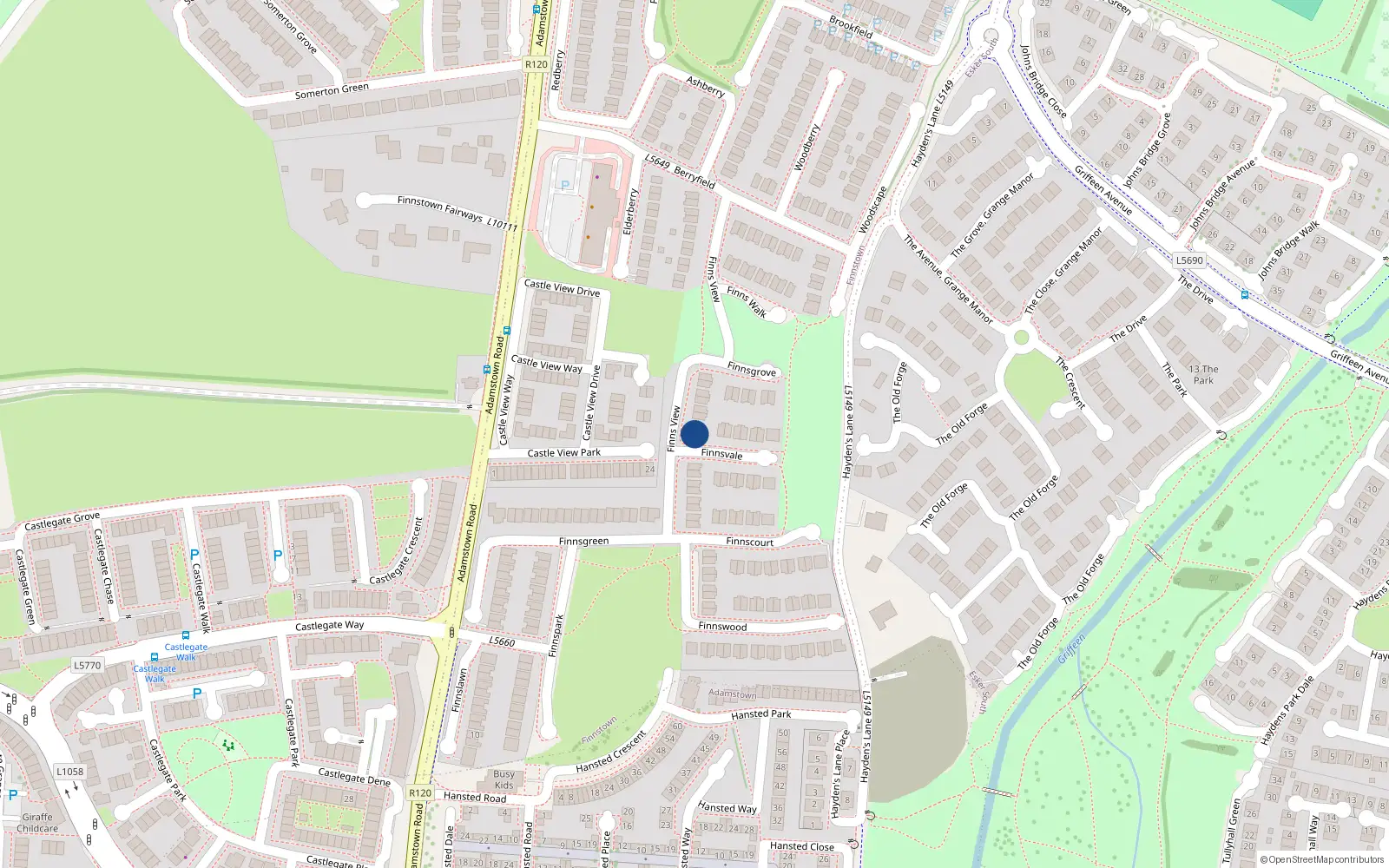 Overhead map showing the location of 15 Finnsview, Lucan