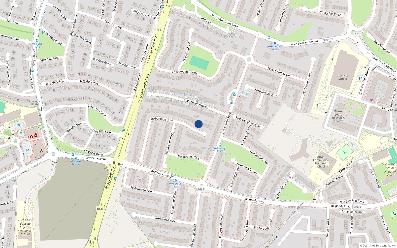 Overhead map showing the location of 15 Foxborough Drive, Lucan