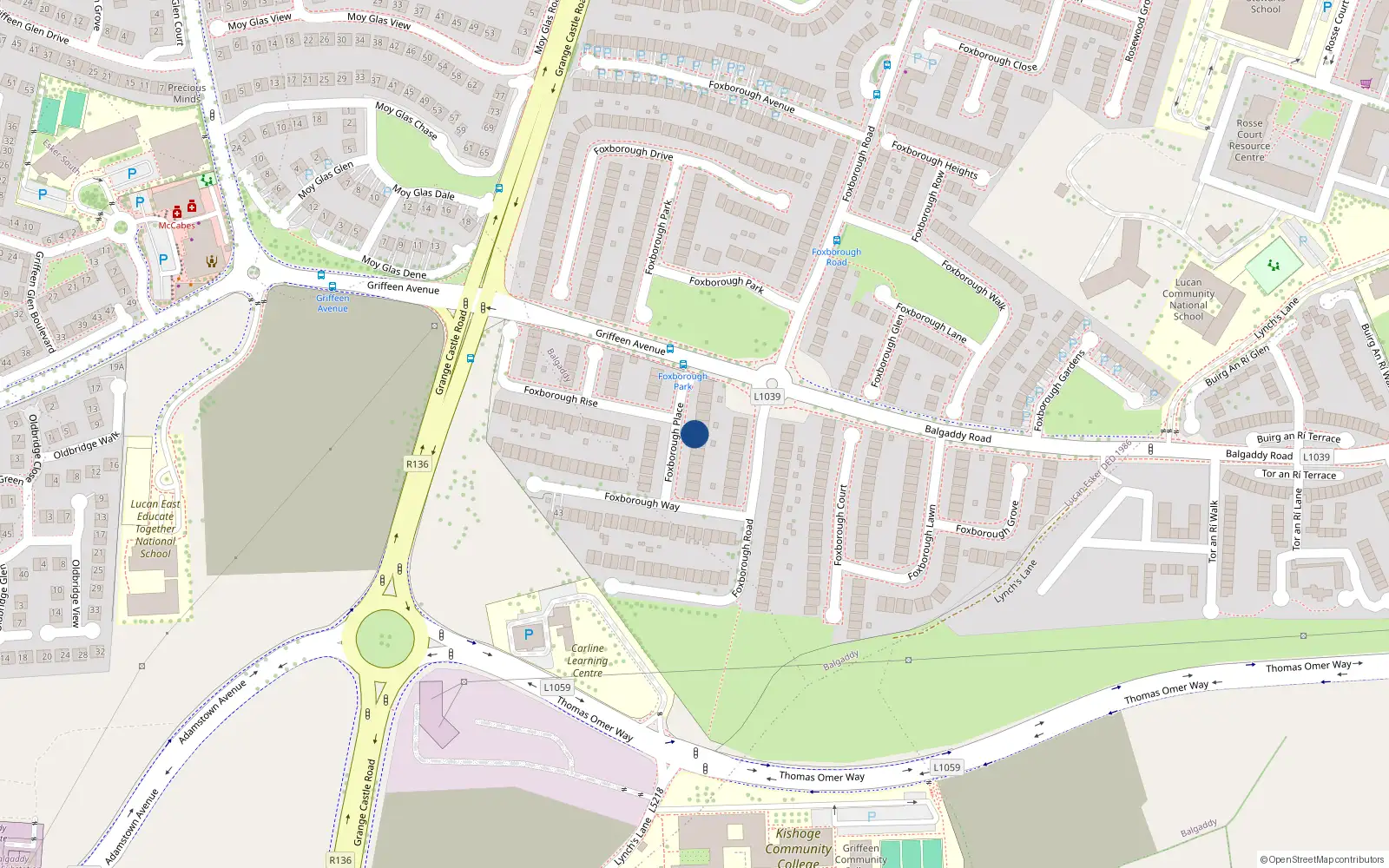 Overhead map showing the location of 15 Foxborough Place, Lucan