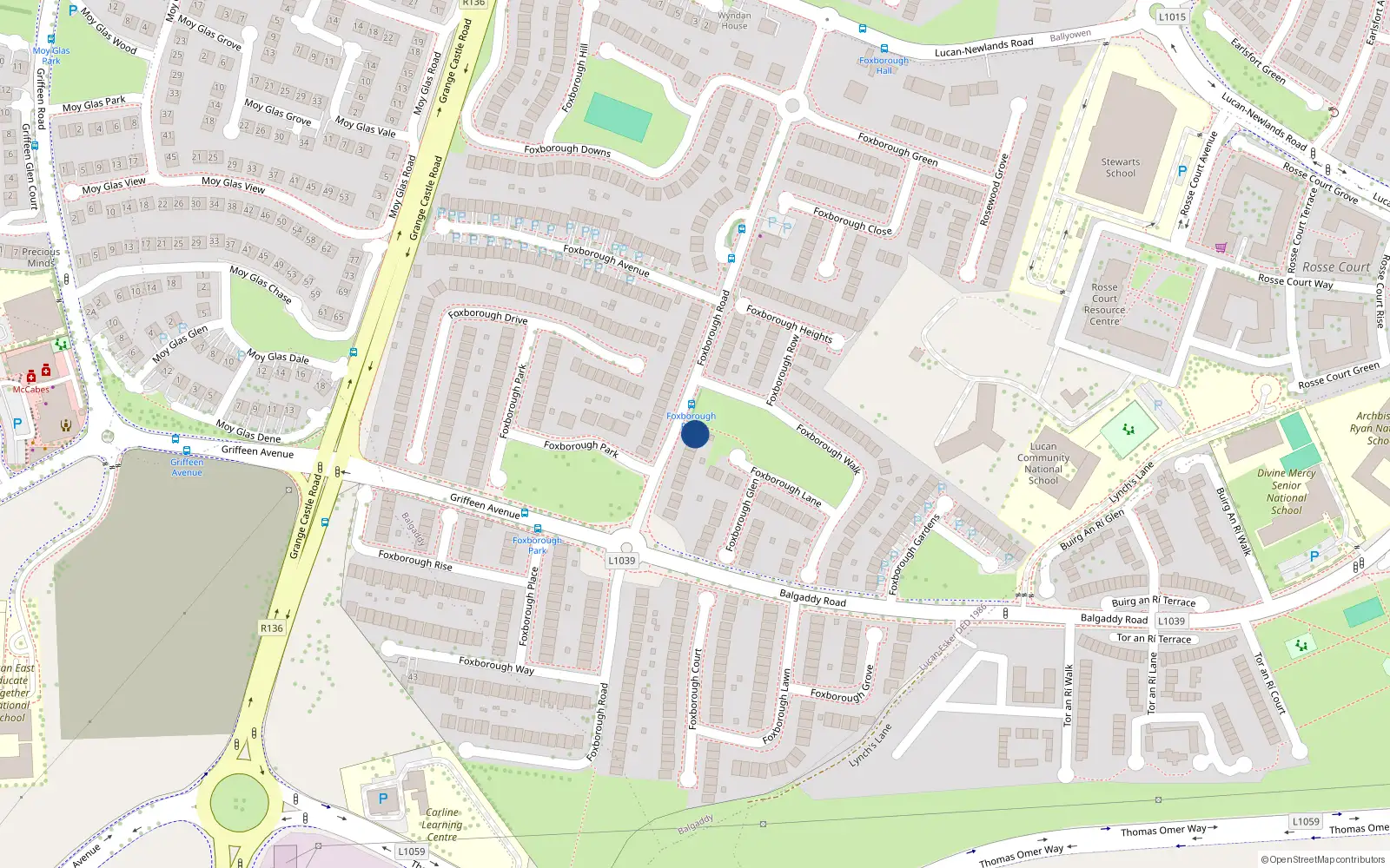 Overhead map showing the location of 15 Foxborough Road, Lucan