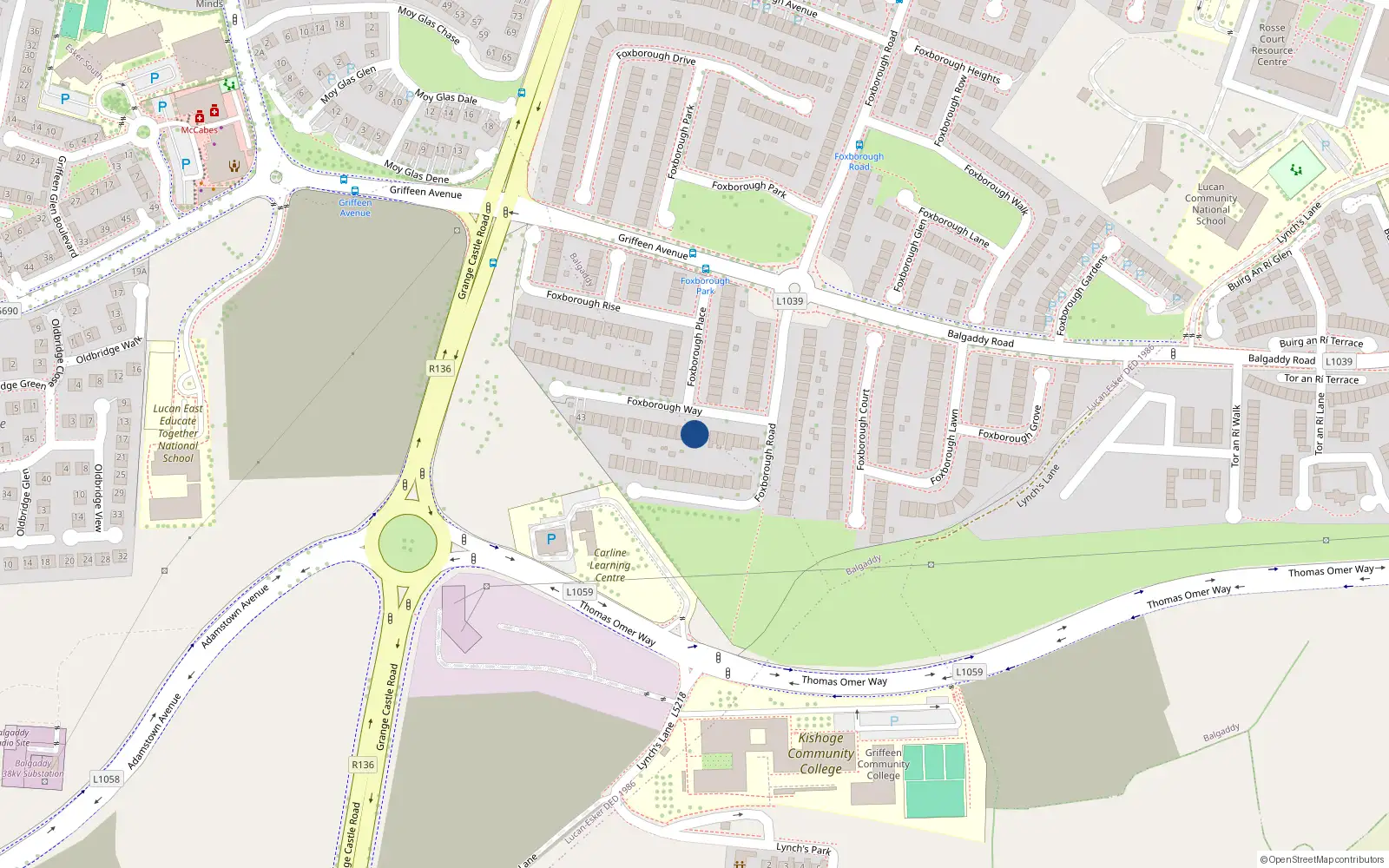 Overhead map showing the location of 15 Foxborough Way, Lucan