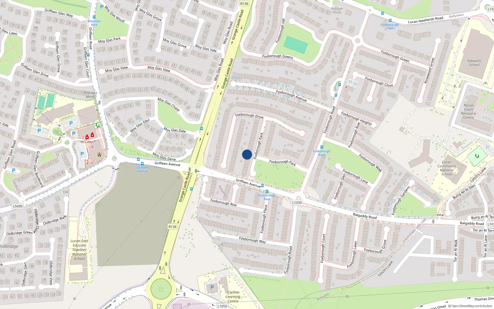 Overhead map showing the location of 15 Foxbrough Park, Lucan, Co Dublin