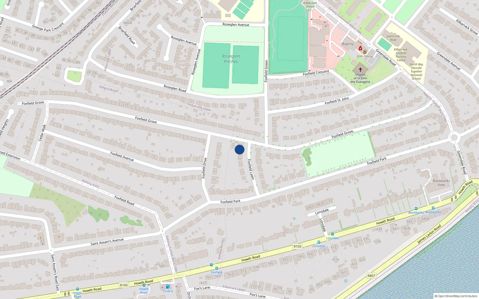 Overhead map showing the location of 15 Foxfield Lawn, Dublin 5