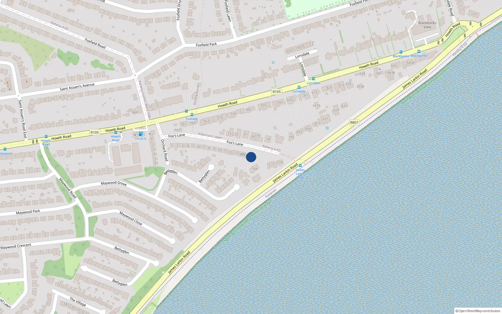 Overhead map showing the location of 15 Fox's Lane, Dublin 5