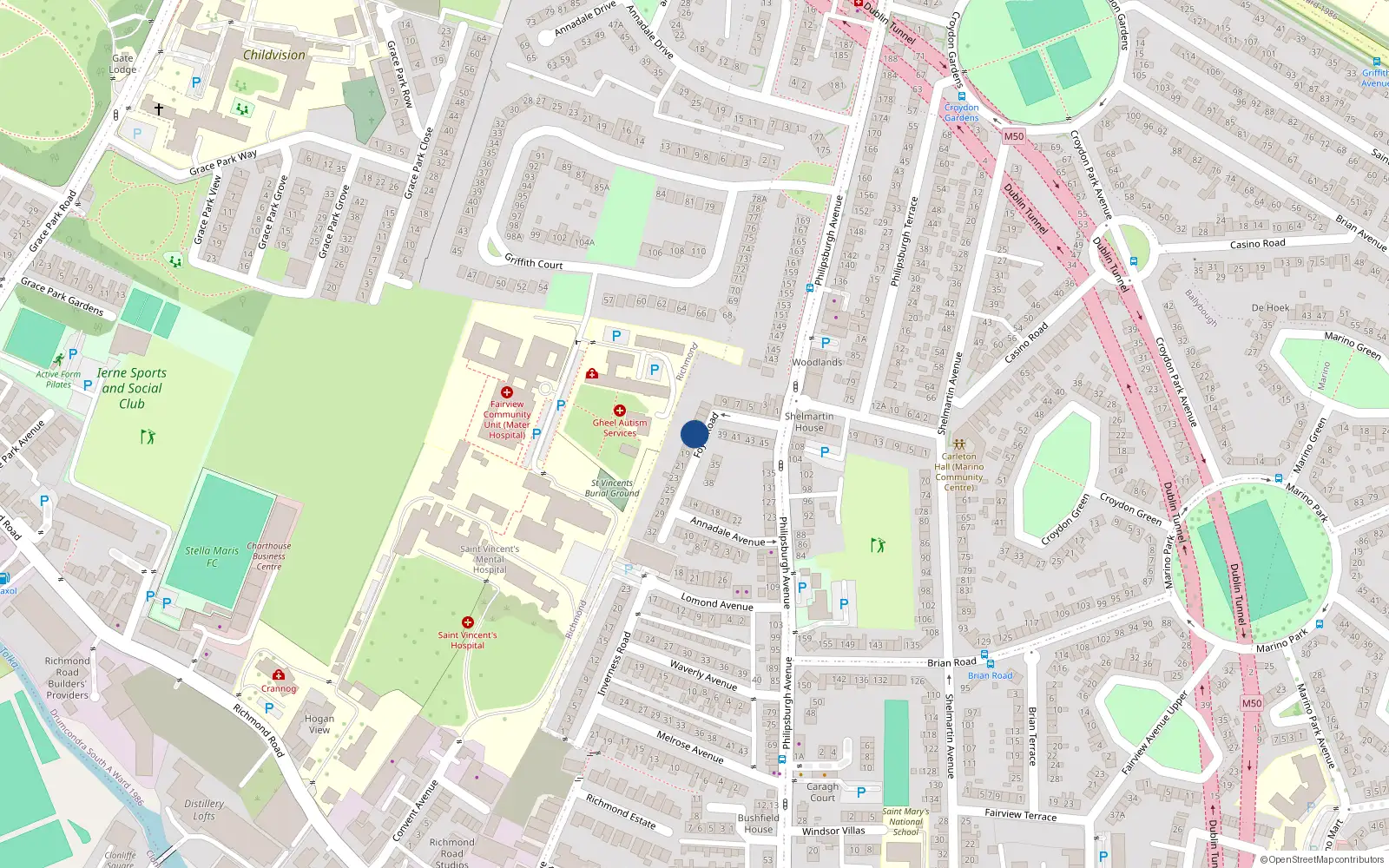Overhead map showing the location of 15 Foyle Road, Fairview, Dublin 3