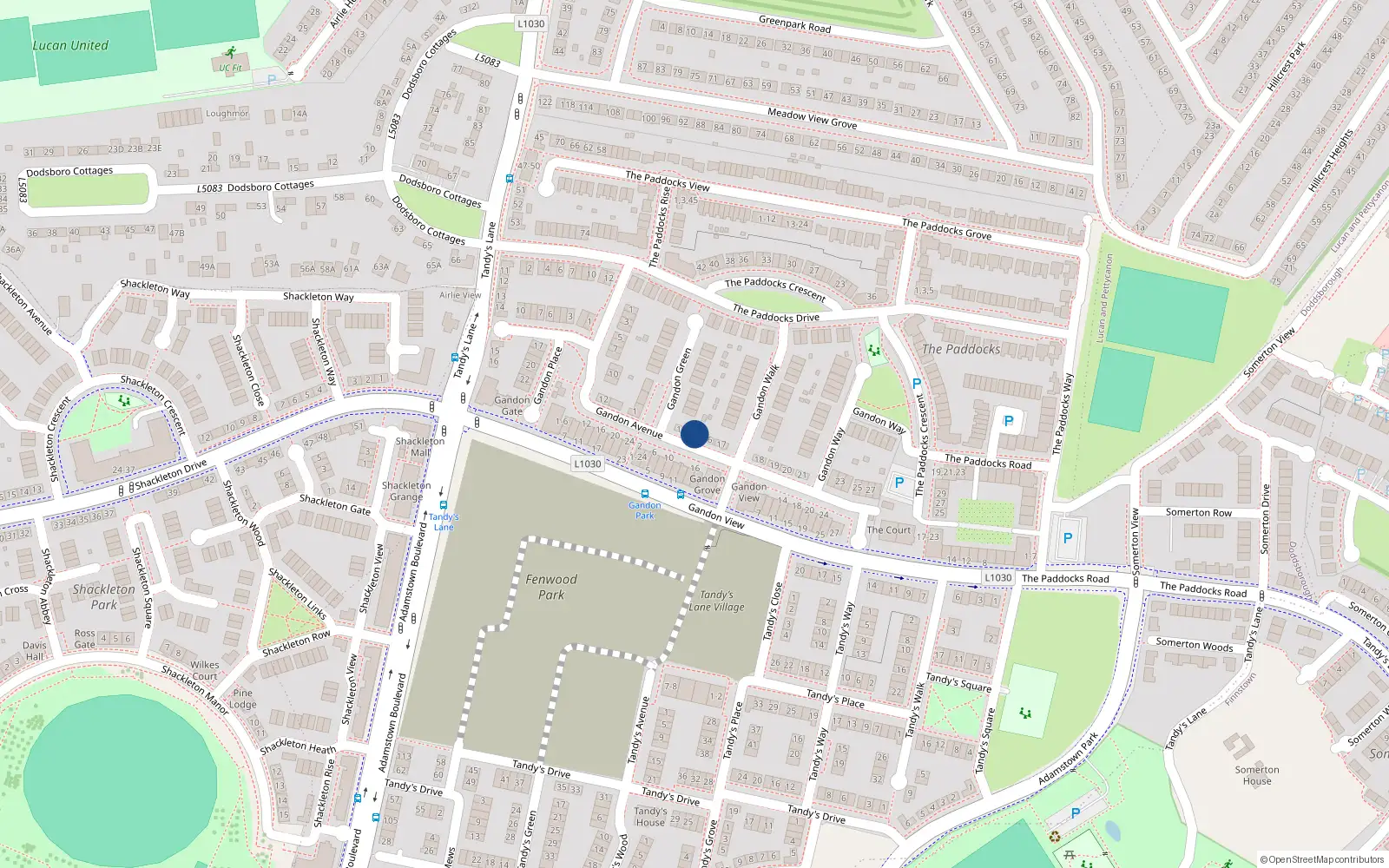 Overhead map showing the location of 15 Gandon Avenue, Lucan