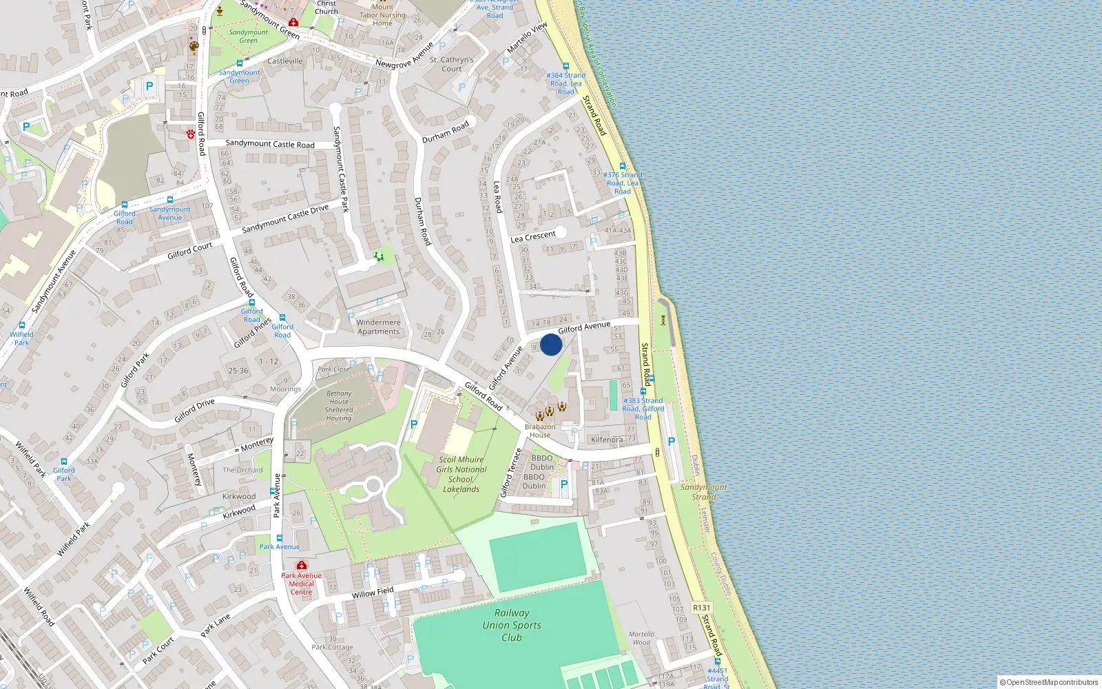 Overhead map showing the location of 15 Gilford Avenue, Sandymount