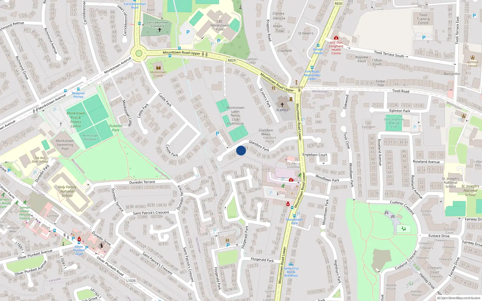Overhead map showing the location of 15 Glandore Park, Monkstown, Co Dublin