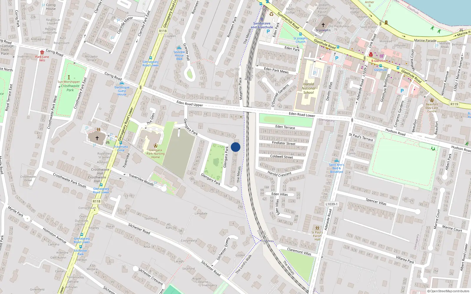 Overhead map showing the location of 15 Glengara Park, Dublin