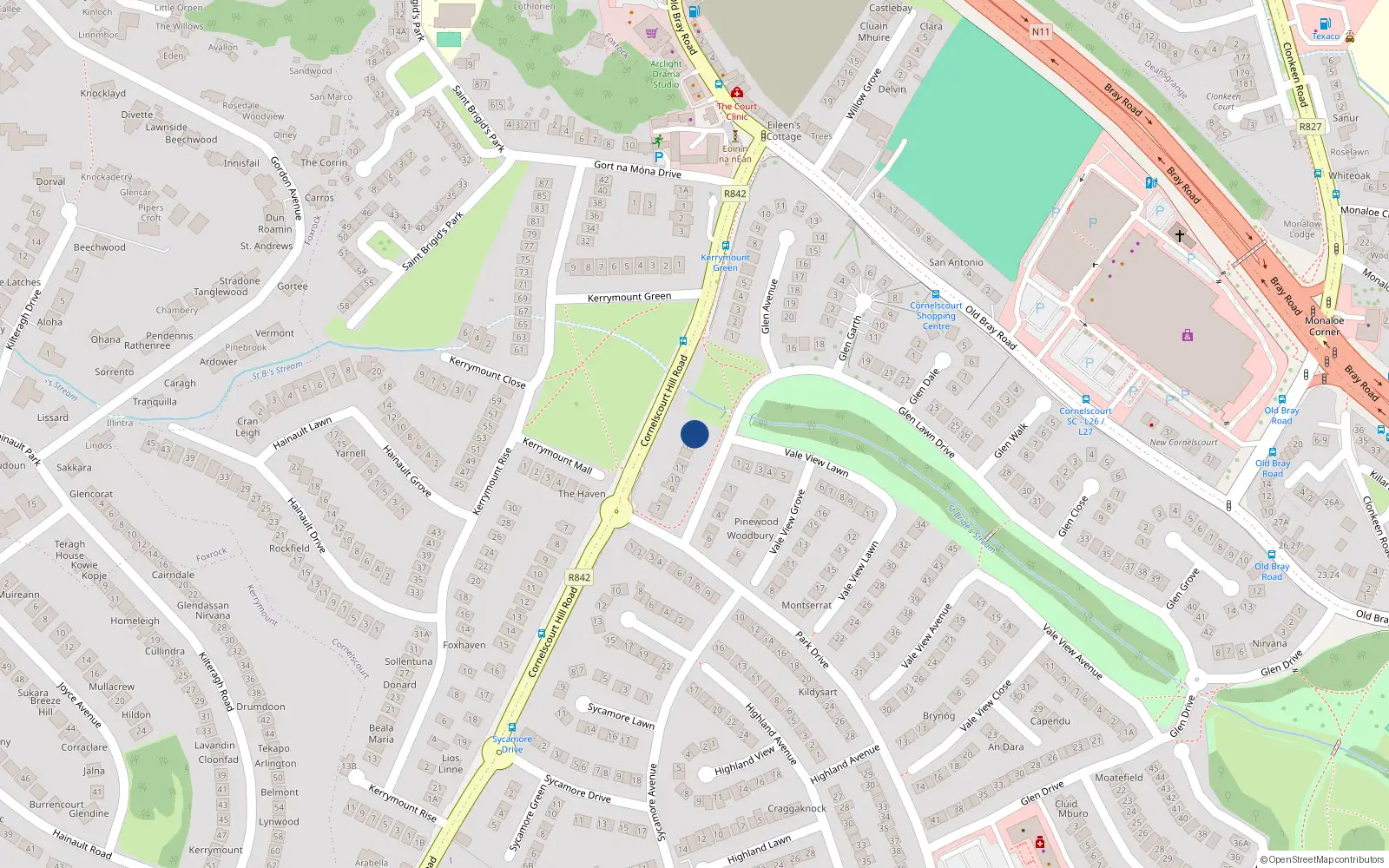 Overhead map showing the location of 15 Glen Lawn Drive, Dublin 18