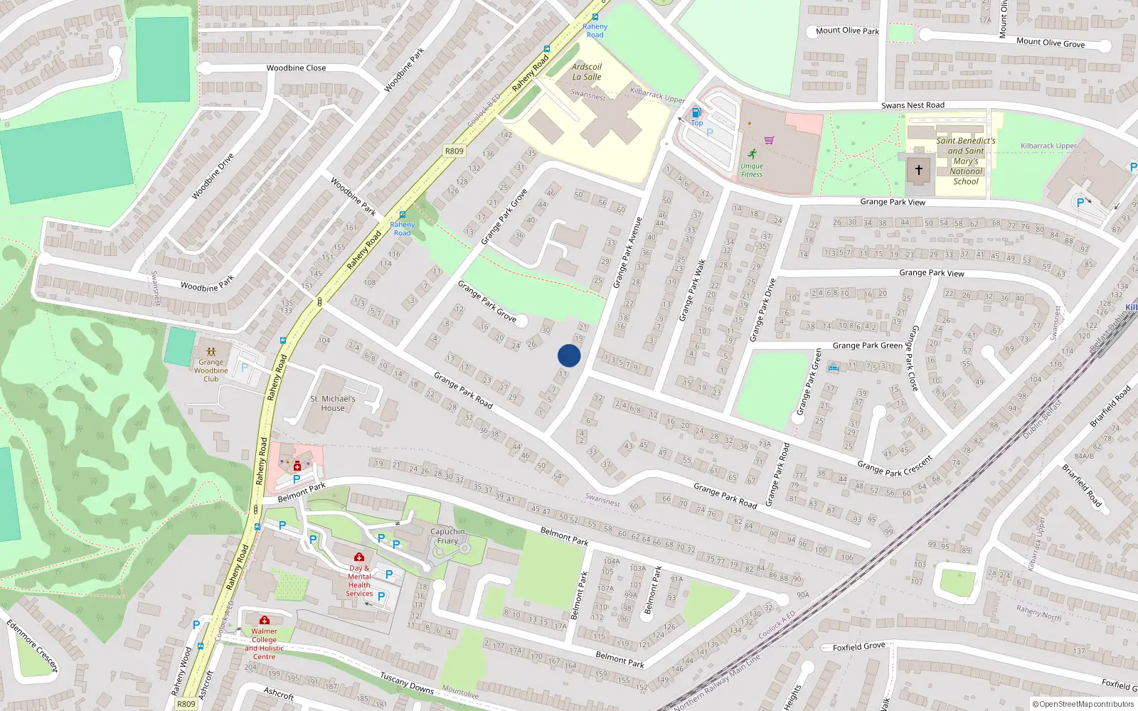 Overhead map showing the location of 15 Grange Park Avenue, Raheny, Dublin 5, D05k685