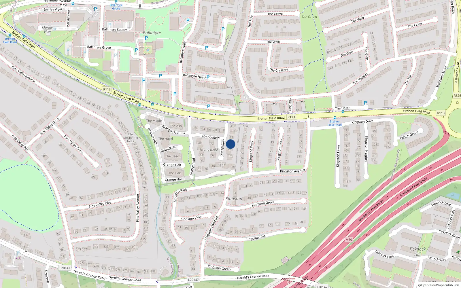 Overhead map showing the location of 15 Grangefield, Dublin 16
