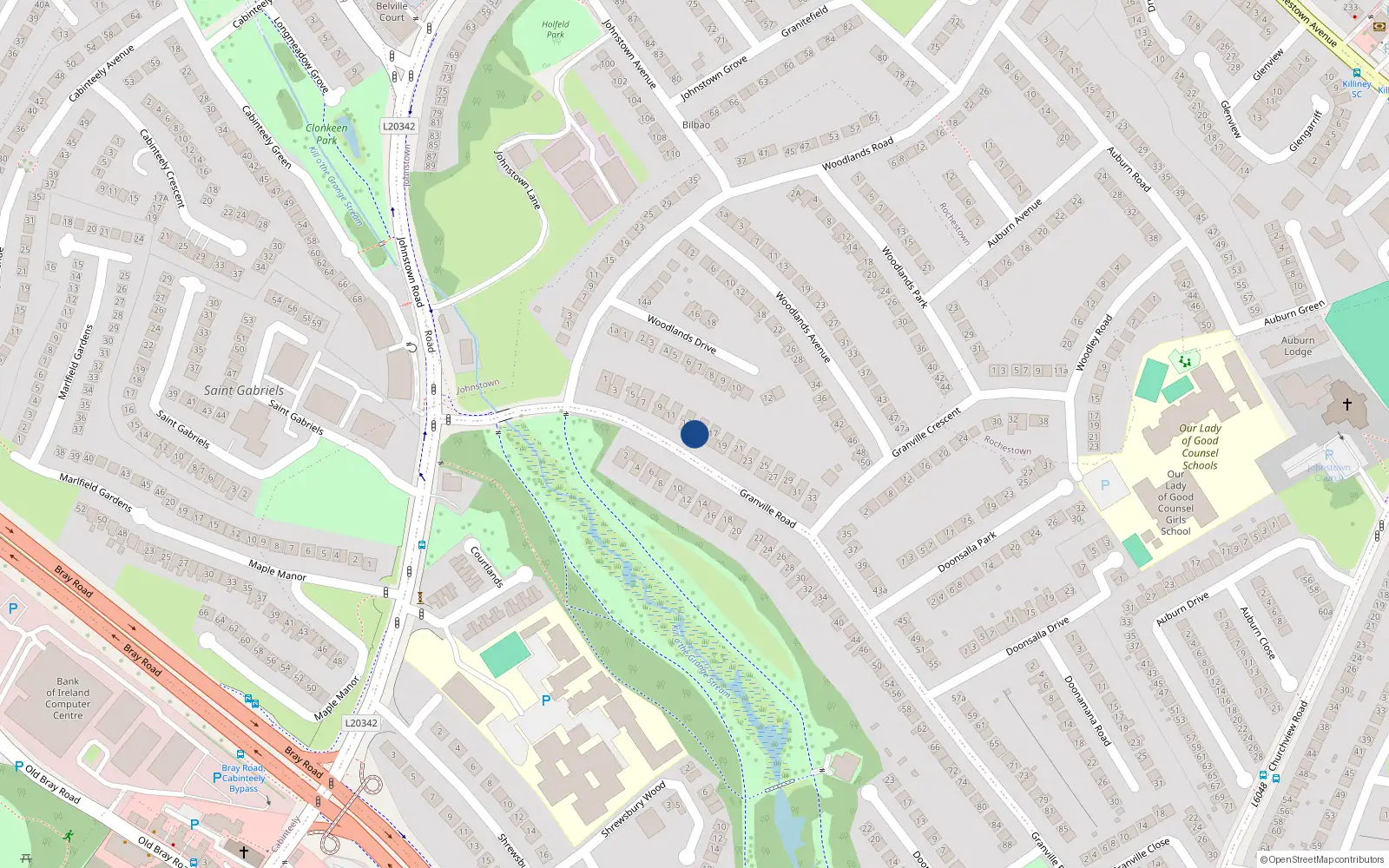 Overhead map showing the location of 15 Granville Road, Dunlaoghaire, Dublin