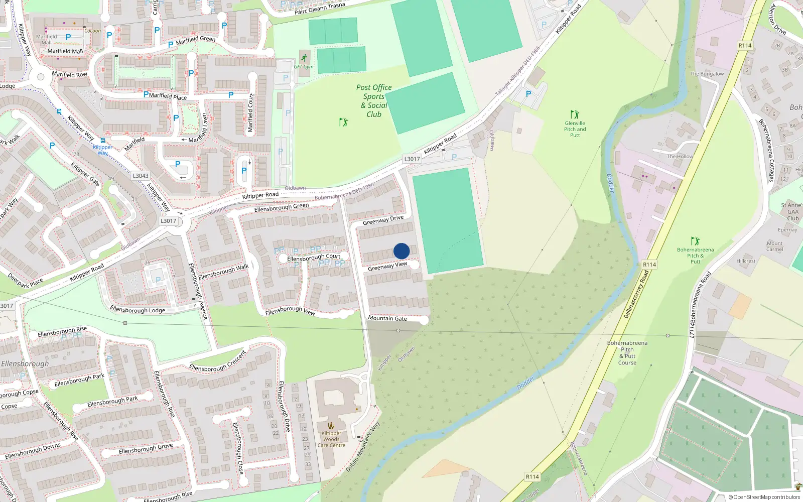 Overhead map showing the location of 15 Greenway View, Kiltipper