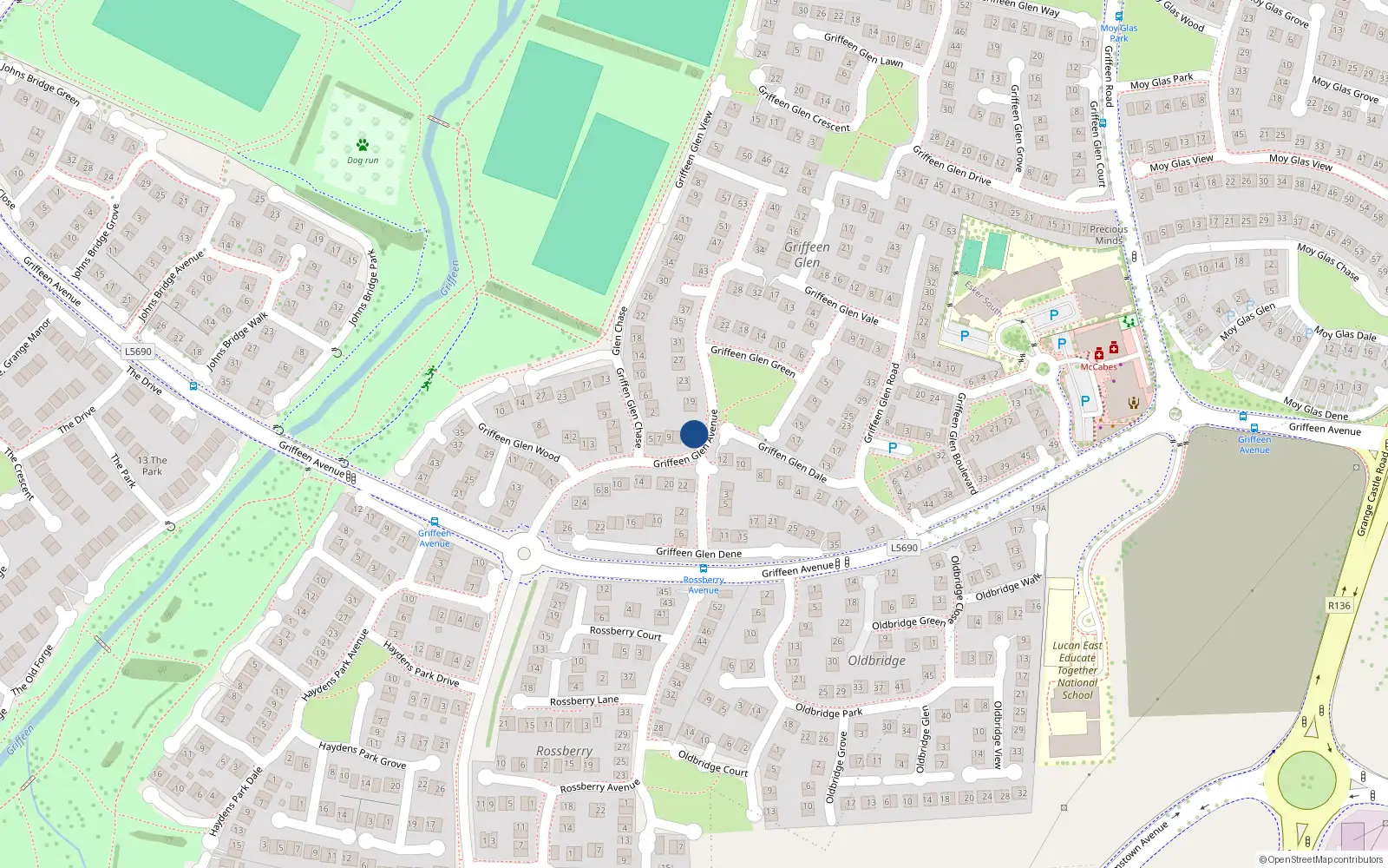 Overhead map showing the location of 15 Griffeen Glen Avenue, Lucan, Dublin