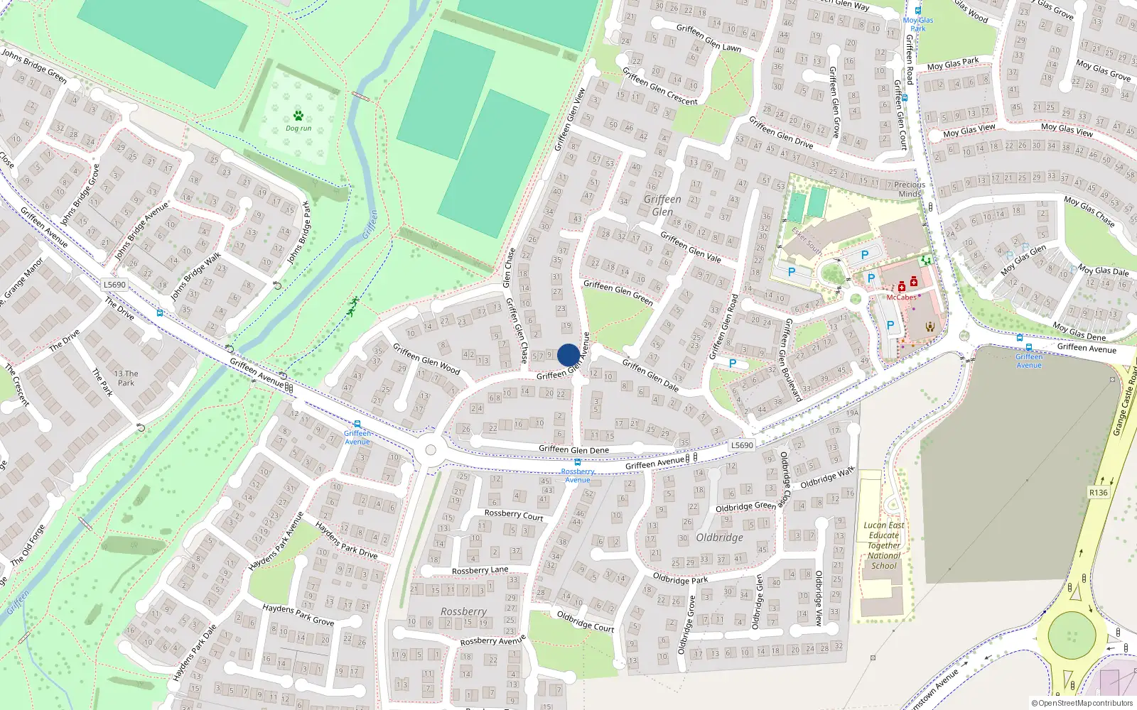 Overhead map showing the location of 15 Griffeen Glen Avenue, Lucan