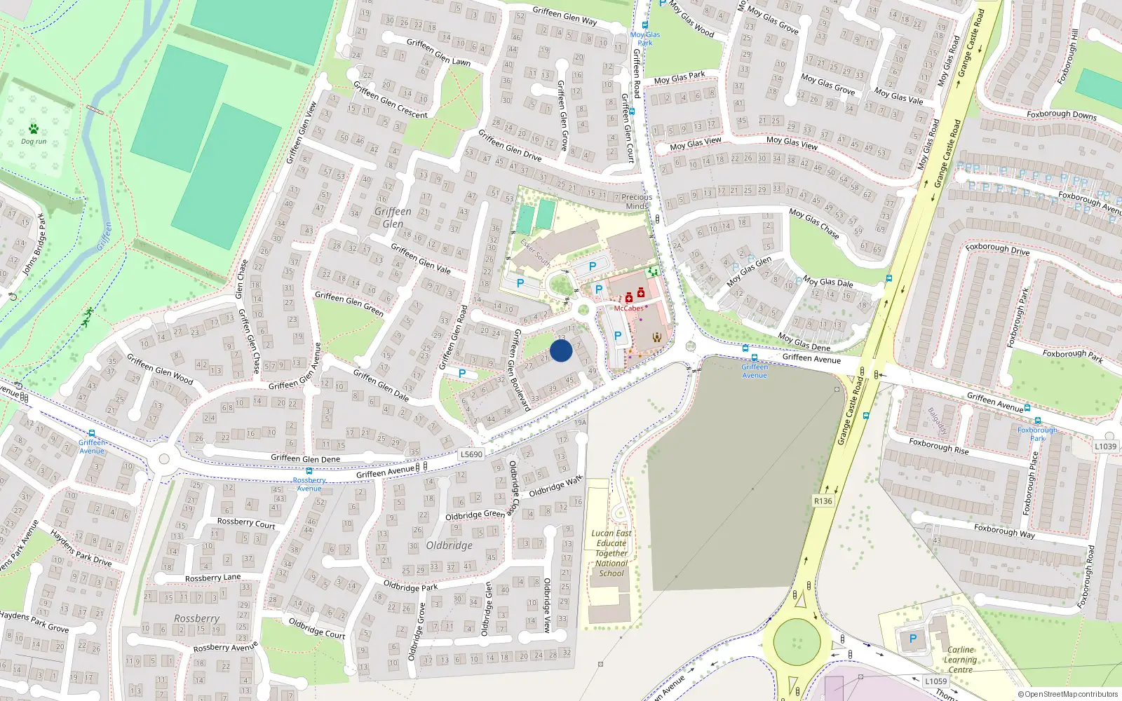 Overhead map showing the location of 15 Griffeen Glen Boulevard, Lucan