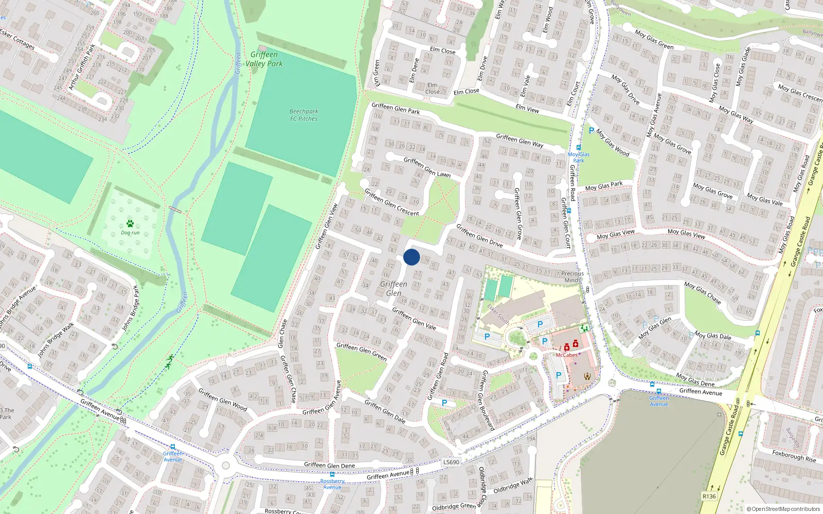 Overhead map showing the location of 15 Griffeen Glen Close, Lucan
