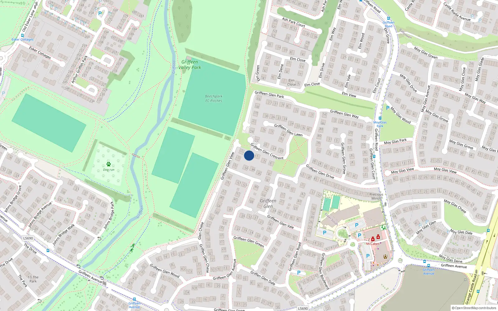 Overhead map showing the location of 15 Griffeen Glen Crescent, Lucan