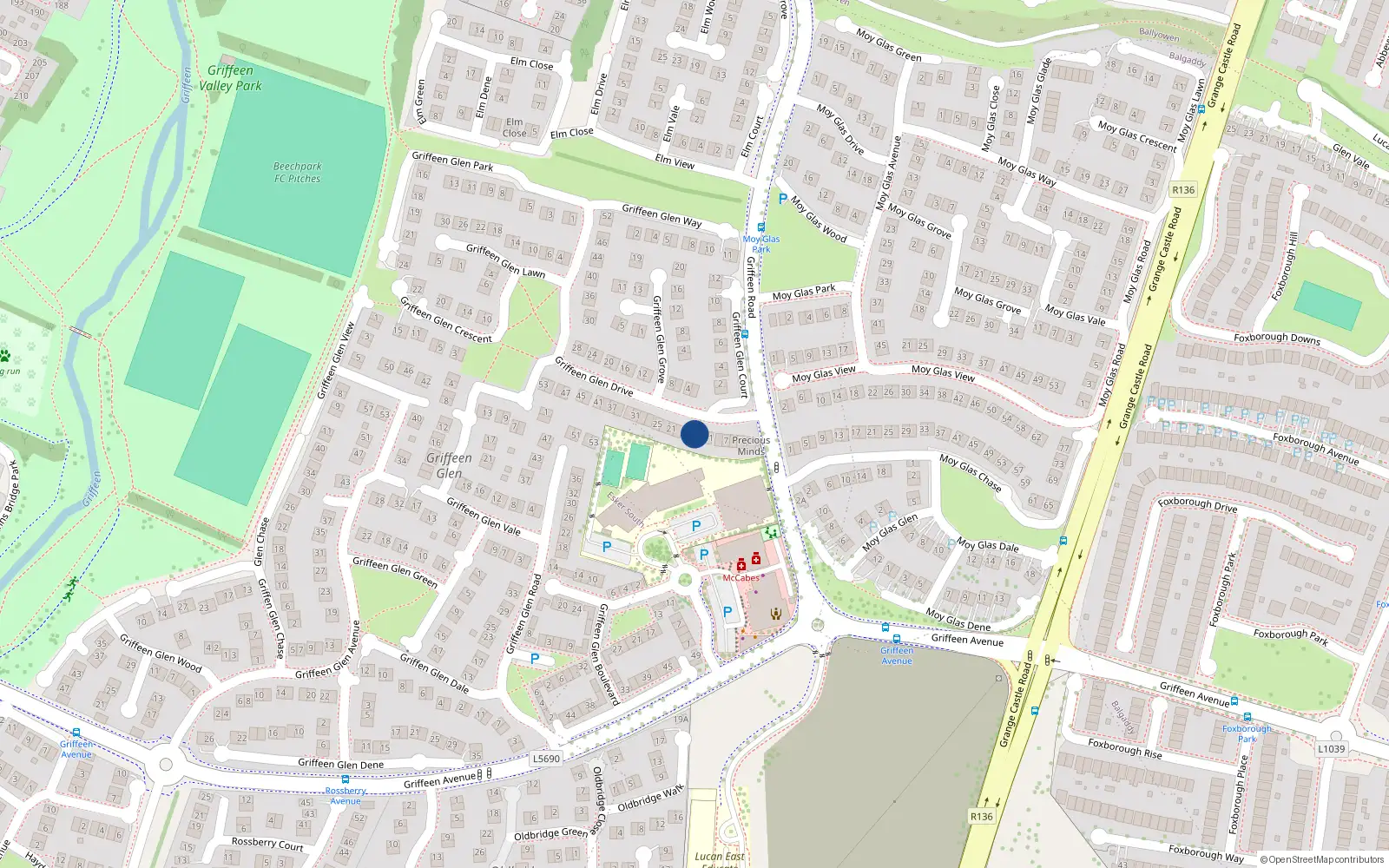 Overhead map showing the location of 15 Griffeen Glen Drive, Lucan
