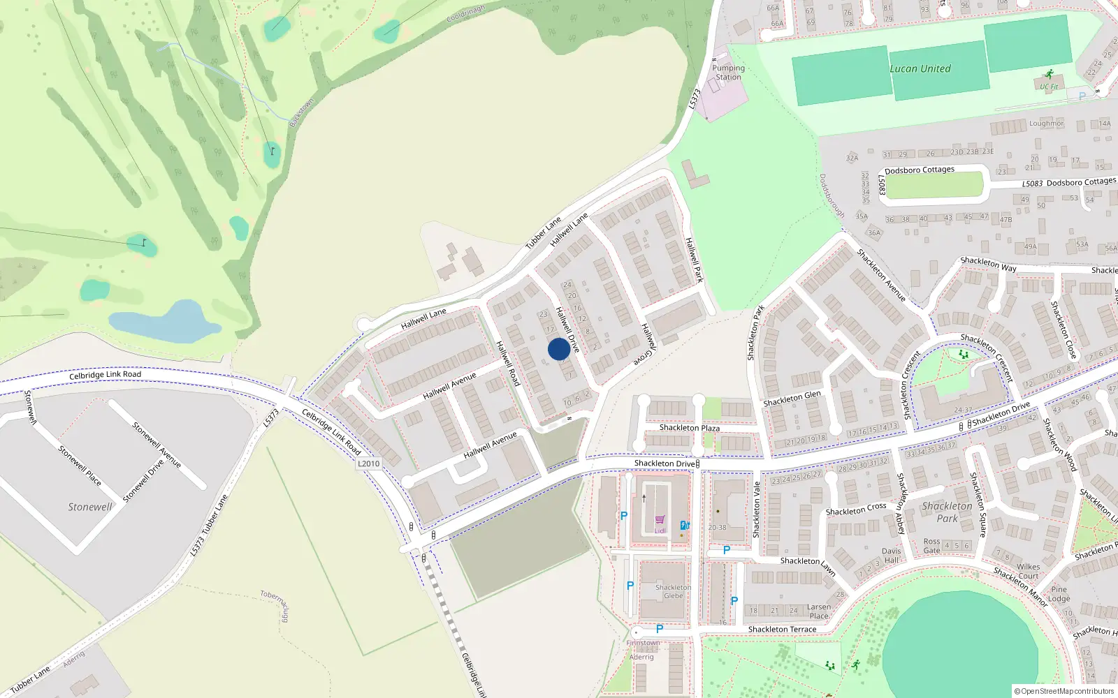 Overhead map showing the location of 15 Hallwell Drive, Lucan