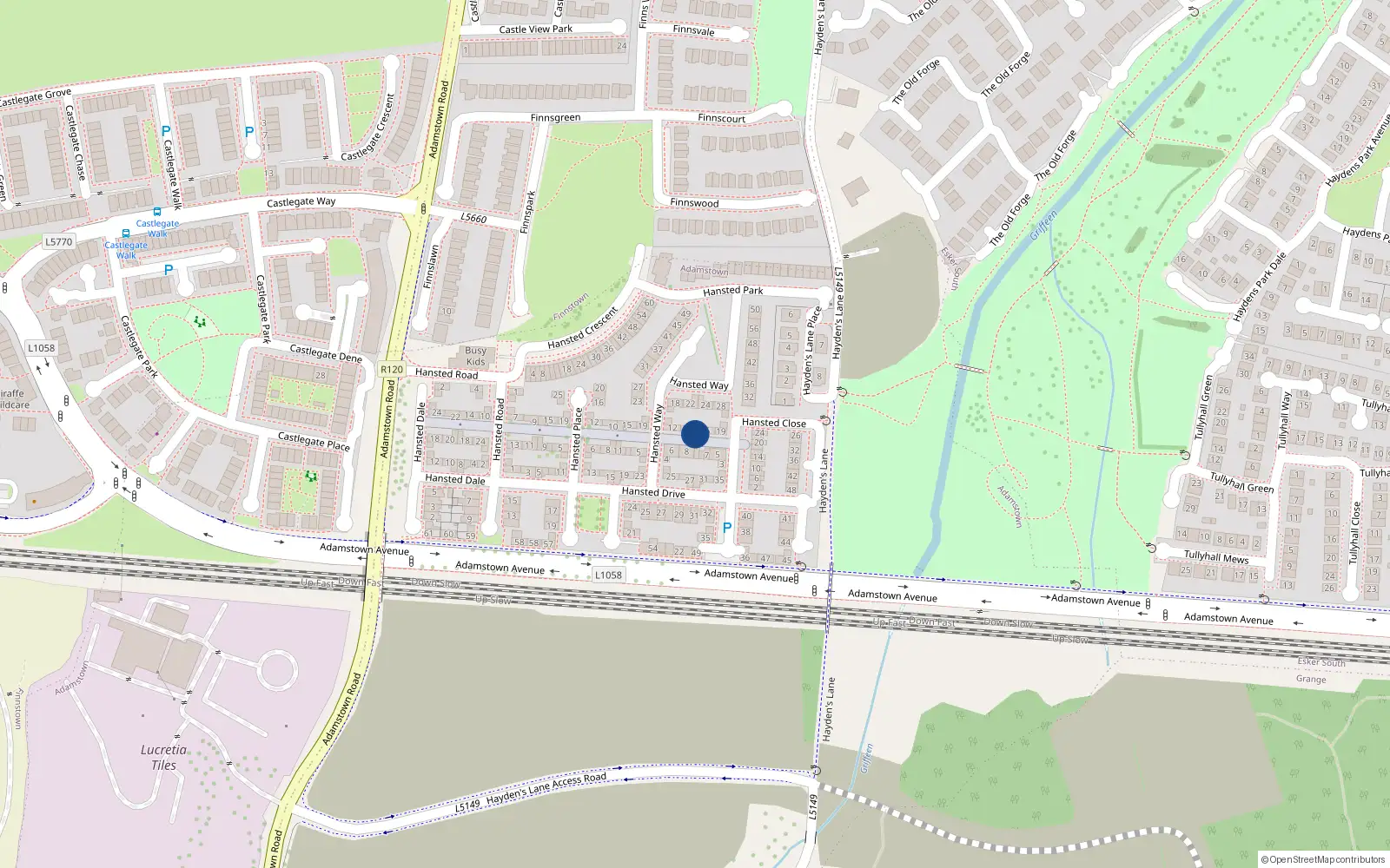 Overhead map showing the location of 15 Hansted Close, Lucan